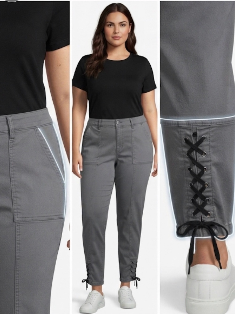 Utility Meets Edge: Lane Bryant Gray Lace-Up Hem Chinos